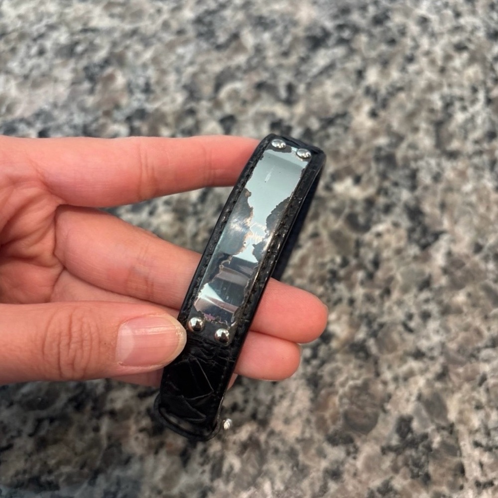 Bottega Veneta Silver Tone Black Leather Bracelet